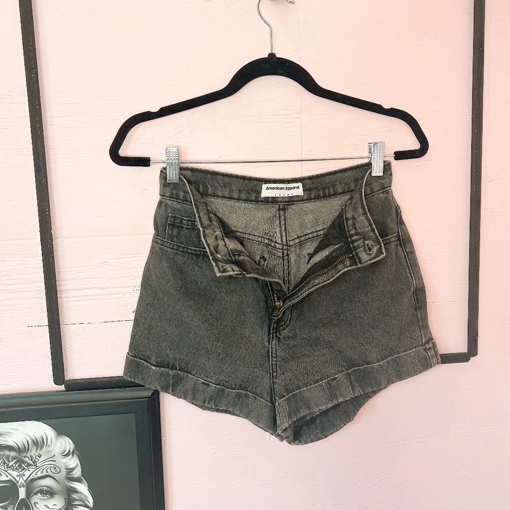 American Apparel | High Waisted Denim Shorts | Acid Wash Black
